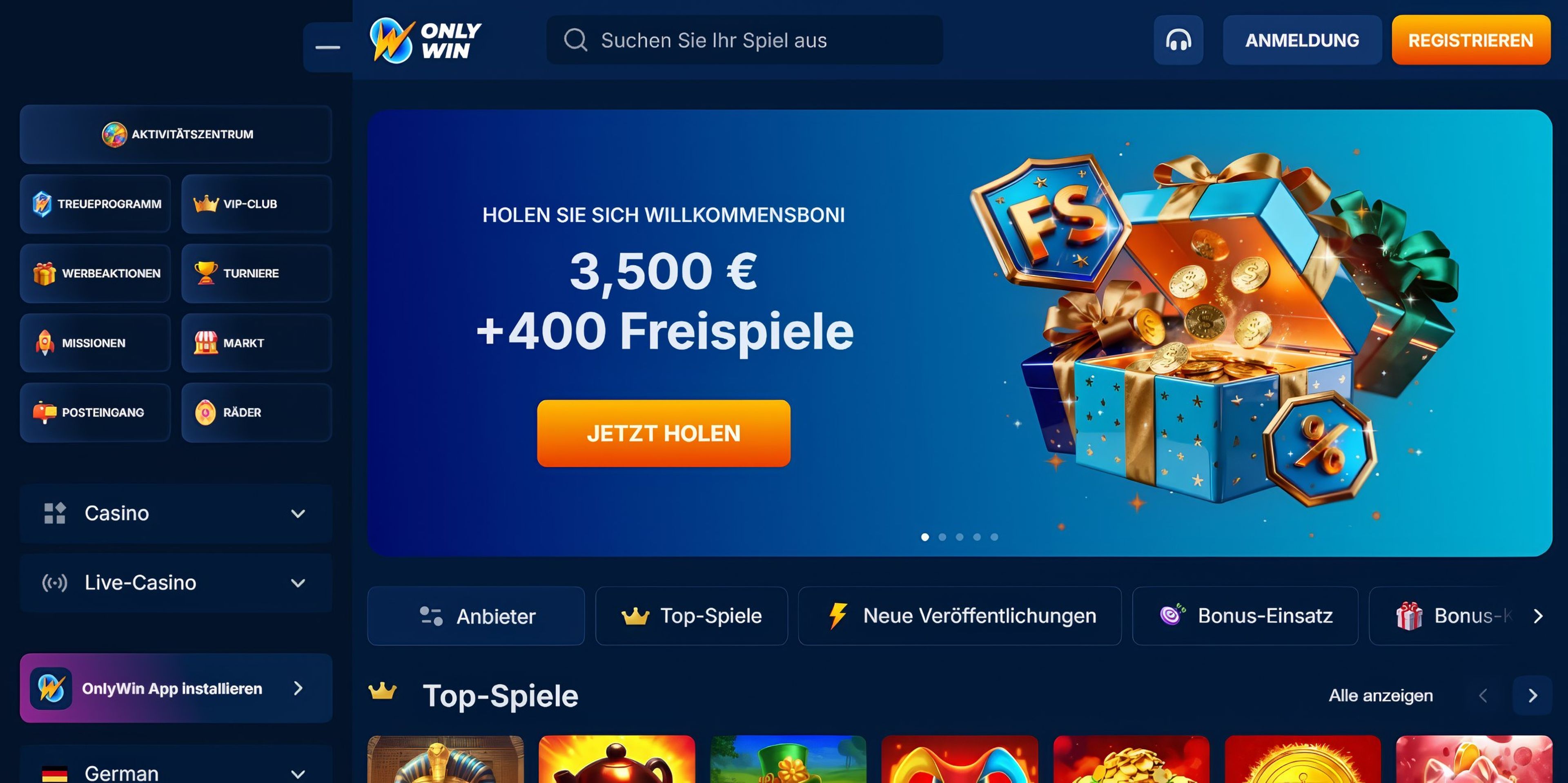 OnlyWin Casino desktop screenshot 1